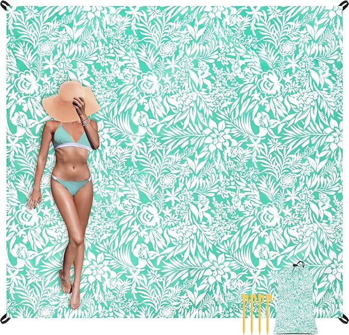 Beach Blanket, Waterproof Sandproof Beach Mat with 4 Stakes & 4 Pockets, 78''×86'' Large Compact Lightweight Sand Free Outdoor Essentials for Beach, Picnic, Travel, Camping