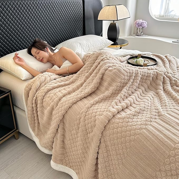 UKELER Striped Sherpa Fleece Blanket 60 × 80 inch, Ultra Soft Twin Size Throw Blankets for All Season, Cozy Plush Blanket for Bed Couch Sofa Office Camping, Off White