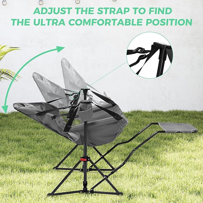 Ainfox Hammock Camping Chair with Footrest, Heavy Duty Foldable Portable Rocking Hammock Chairs Outside Swinging Camp with Cup Holder Pillow for Outdoor Patio Poolside Grey Dark Blue