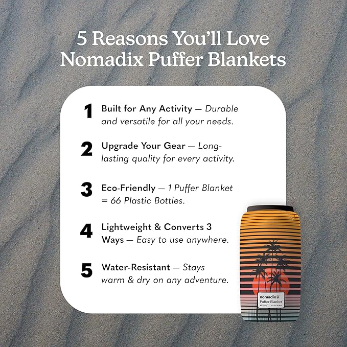 Nomadix Puffer Blanket – Water-Resistant, Eco-Friendly Insulated Blanket with Snaps for Camping, Beach, and Travel, Made from Recycled Materials