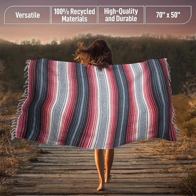 Hydration Nation Authentic Large Handwoven Mexican Striped Throw Blanket - Soft, Durable, Eco-Friendly - 70"x50" - Azure