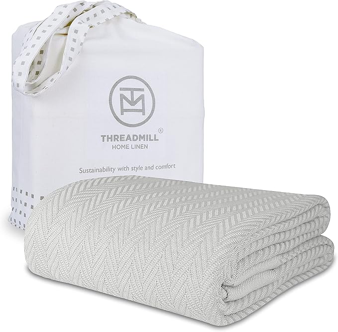 Threadmill Luxury Cotton Blankets for Twin Size Bed | All-Season 100% Cotton Twin Blanket for Bed | Herringbone Soft & Cozy Fall Thermal Blanket, 350GSM, 68x90 inches | Light Grey