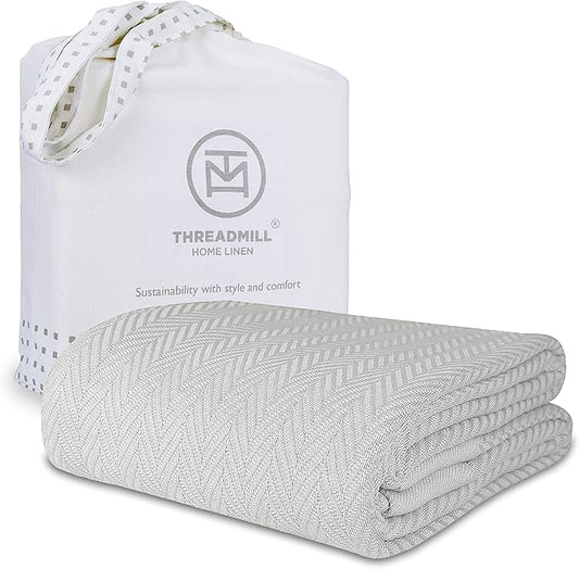 Threadmill Luxury Cotton Blankets for Twin Size Bed | All-Season 100% Cotton Twin Blanket for Bed | Herringbone Soft & Cozy Fall Thermal Blanket, 350GSM, 68x90 inches | Light Grey