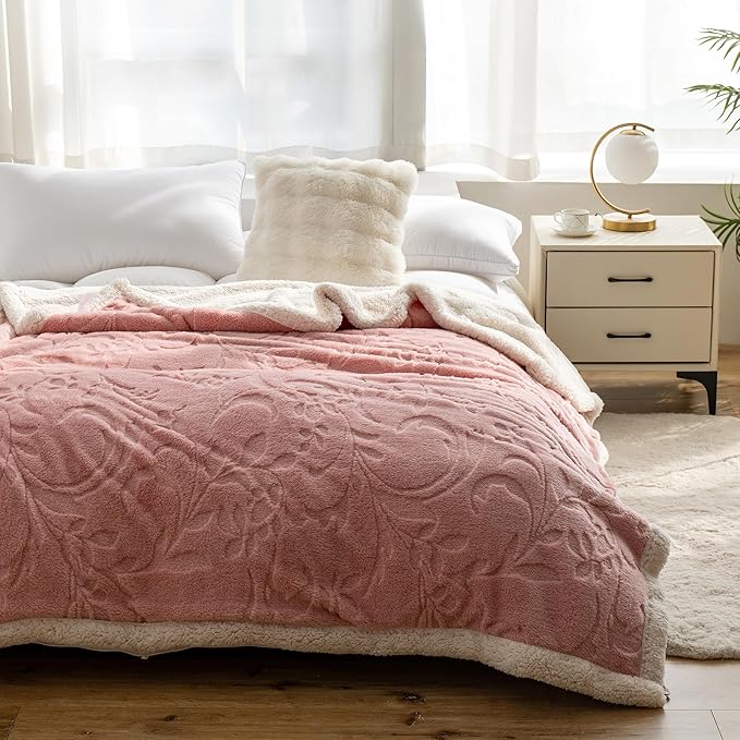 UKELER Sherpa Fleece Blanket 50 × 60 inch Fuzzy Soft Bed Blanket Thick Floral Throw Blanket for Couch Sofa Bed Office Camping, Pink