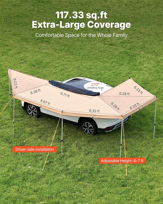 VEVOR 270 Degree Awning with Bulit-in LED Lights, 117 sq.ft Driver Side Vehicle Awning, Waterproof UV50+ Car Side Awnings, All-Weather Free-Standing Overland Awnings Car Shelter for SUV Truck Camping