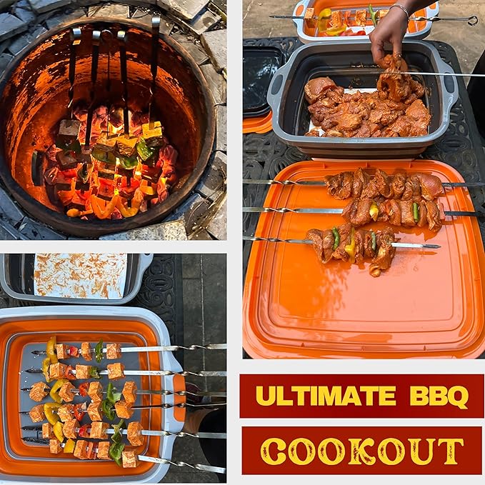 Collapsible X-Large (16L) BBQ Marinating Tub w/Cutting Board | Multipurpose Food-Grade TPE Prep Tub w/Lid | Built-In Colander & Drain Plug - For Camping | Tailgate | Picnic - Bold Orange