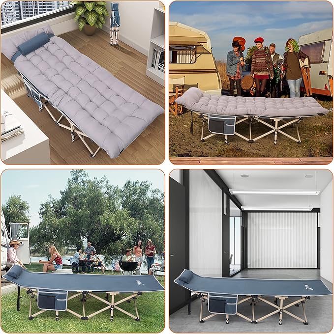 Nice C Camping Cots with Cushion, Camping Cots with Mattress, for Adults, Folding Cot, with Pillow, Carry Bag & Storage Pocket, Extra Wide Sturdy, Holds Up to 500 Lbs (2, Mattress Grey)