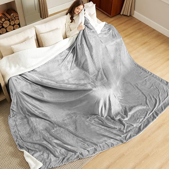 Bedsure GentleSoft Sherpa Fleece Oversized Cal King Blankets for Bed - Thick and Warm, Soft Fuzzy Plush Large Blanket for Winter, Light Grey, 112x98 Inches