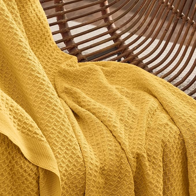 Bedsure Gentlesoft 100% Cotton Blanket Queen Size for Bed - Breathable and Soft, Waffle Weave Blanket for Summer, Thick Cozy Fall Blankets for Women Gift, Mustard Yellow, 90x90 Inches
