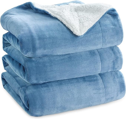 Bedsure GentleSoft Sherpa Fleece Blankets Queen Size for Bed - Thick and Warm, Soft Fuzzy Plush Queen Blanket for Winter, Washed Blue, 90x90 Inches