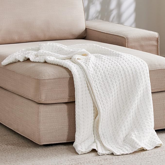 Bedsure Cooling Cotton Waffle Weave Throw Blanket - Lightweight Breathable Blanket of Rayon Derived from Bamboo for Hot Sleepers, Luxury Throws for Bed, Couch and Sofa, Ivory, 50x70 Inches