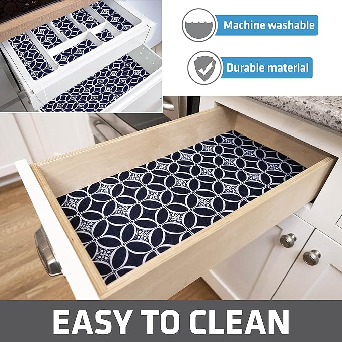 Drymate Premium Luxury Shelf & Drawer Liner, Thick Cushioned Fabric, Non-Adhesive, Absorbent, Waterproof, Slip-Resistant, Liners for Kitchen Cabinets, Cupboards (USA Made)(12”x59”)(24-Pack)(Indigo)