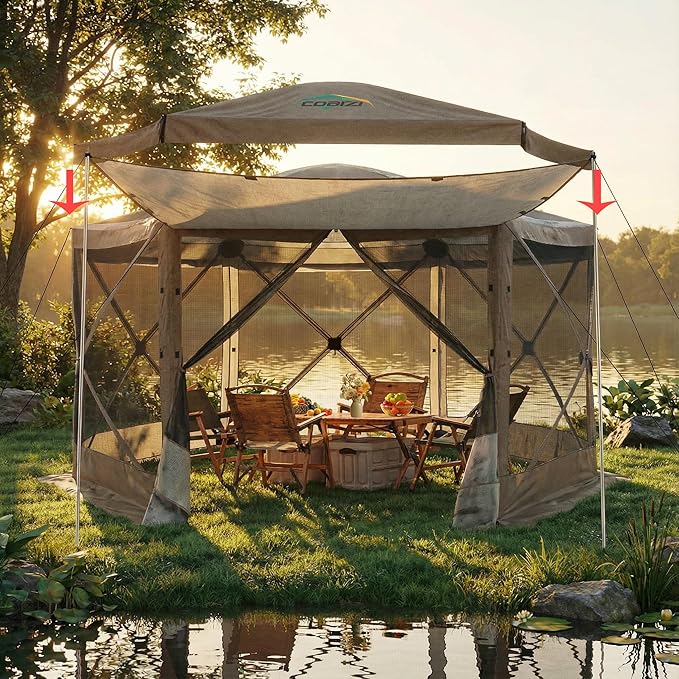 COBIZI 12x12FT Pop Up Gazebo Screen Tent Screen House for Camping, Camping Outdoor Screened Gazebo with Sidewalls, Hub Tent Instant Screened Canopy with Carrying Bag and Ground Stakes, khaki(Upgraded)