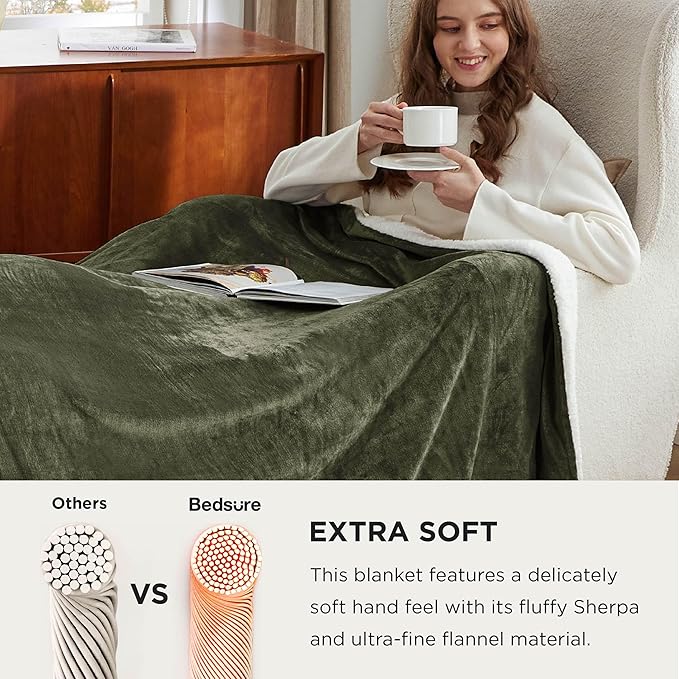 Bedsure GentleSoft Sherpa Fleece Oversized Cal King Blankets for Bed - Thick and Warm, Soft Fuzzy Plush Large Blanket for Winter, Olive Green, 112x98 Inches