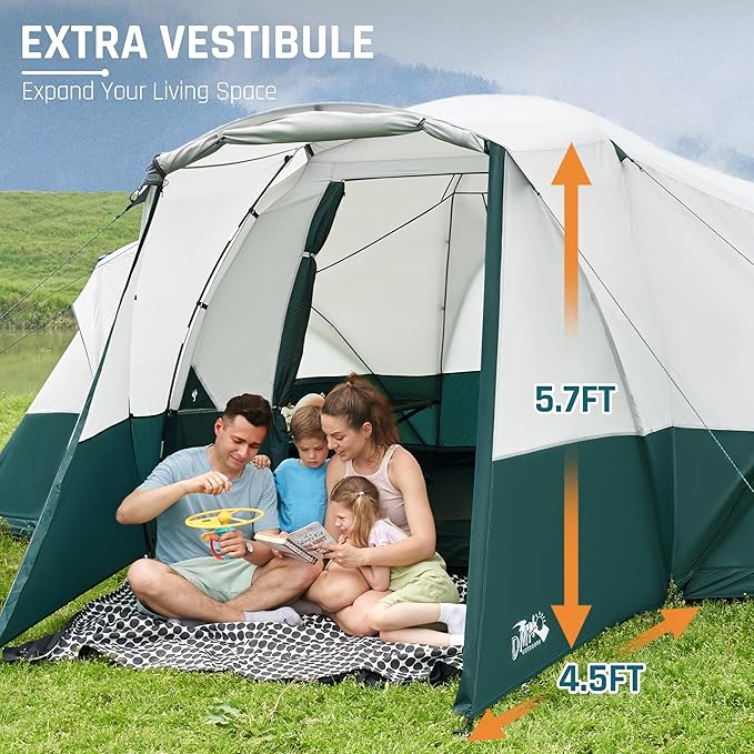 8/10/11 Person Camping Tent with Porch, Large Family Tents for Camping, PU1000MM Waterproof Tent with 5 Mesh Windows, Removable Rainfly, Reflective Windproof Rope, Big Dome Tent Fits 3 Queen Airbeds