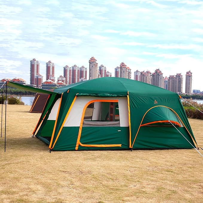 KTT Extra Large Tent 6-10-12-14 Person(B),Family Cabin Tents,2 Rooms,3 Doors and 3 Windows with Mesh,Straight Wall,Waterproof,Double Layer,Big Tent for Outdoor,Picnic,Camping,Family Gathering