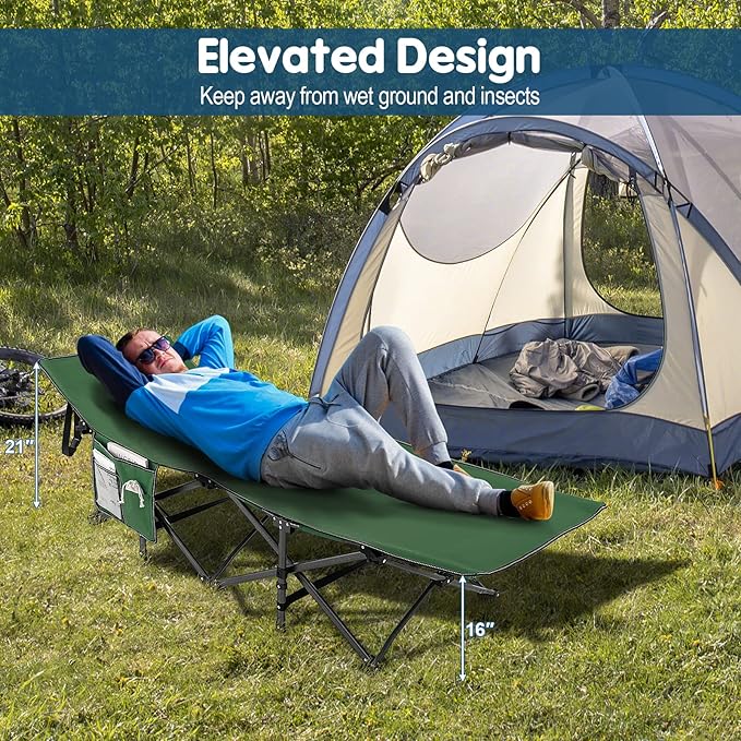 Goplus Folding Camping Cot, 27.5" Sleeping Cot for Adults with Carry Bag, 600LBS Weight Capacity, Slanted Head, Side Pocket, Heavy Duty Portable Camping Bed for Kids, Beach, Office Snap (Green)