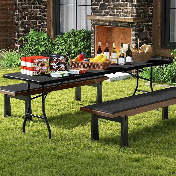 Folding Table, HDPE Portable Table with 8 ft Long Tabletop, Metal Frame Picnic Camping Table with Safe Lock, Collapsible Dining Table for Camping, Picnic, Party (Black, 8 FT)