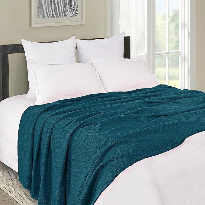 BOUTIQUO 100% Cotton Bed Blanket, Breathable Thermal Blanket King Size, Soft Honeycomb Waffle Blanket 90"x102", Cotton Bed Blanket, Perfect for Layering Any Bed for All Season, Teal