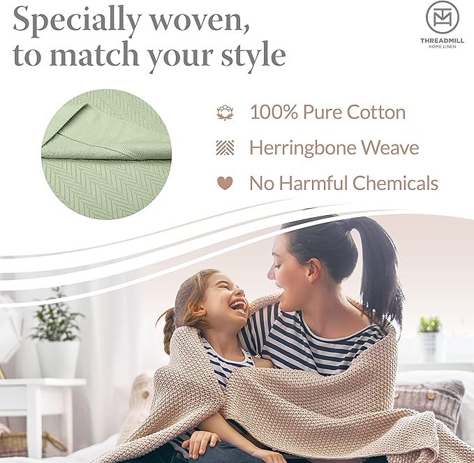 Threadmill Luxury Cotton King Size Blanket | All-Season Cozy Cotton Blankets for King Size Bed | Herringbone Soft Fall Thermal Blanket fits California King Size Bed 106 x 92 | Sage Green