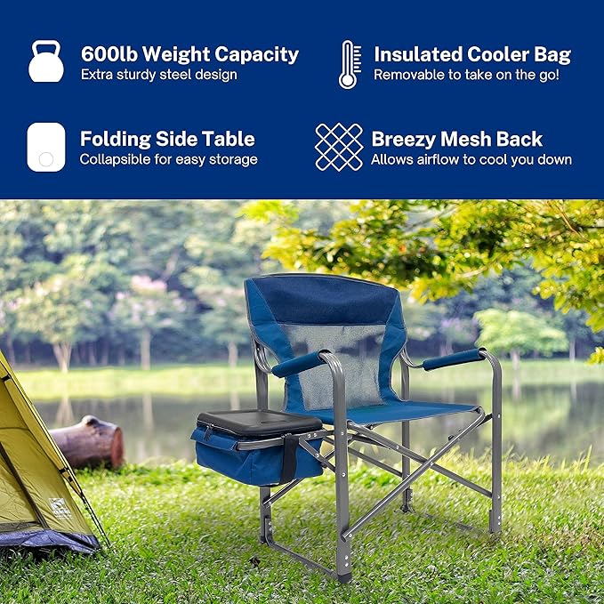 RMS XXL Extra Wide Folding Director Chair – Supports 600lbs Weight - Heavy Duty for Camping, Home Patio and Sports - Portable and Collapsible with Side Table, Cooler and Carrying Bag - Blue