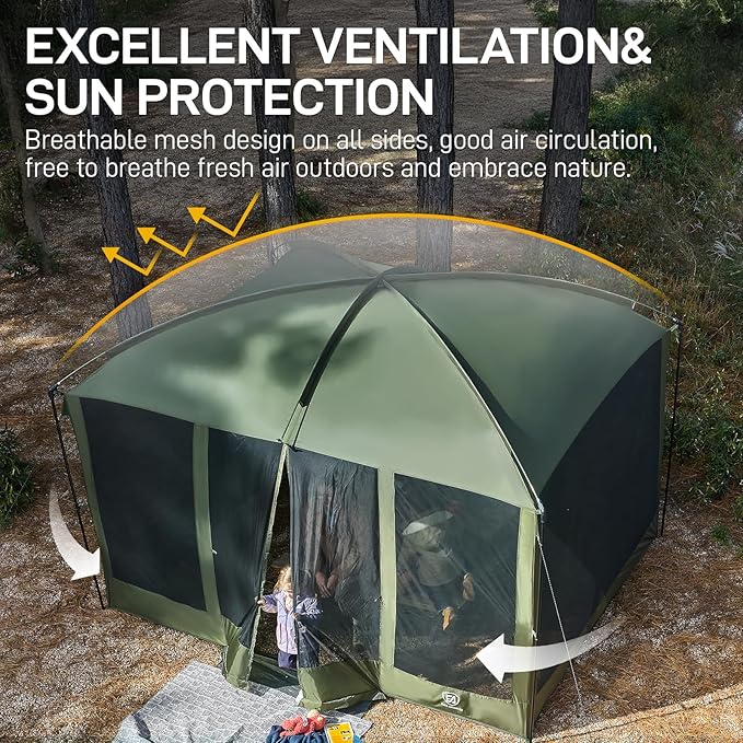EVER ADVANCED Magnetic Screen House Room 11x9ft, Hands-Free Entry,Screenhouse with Sun Protection for Camping&Picnic, 11x9ftCamping Tent Canopy Shelter with Mesh, Green