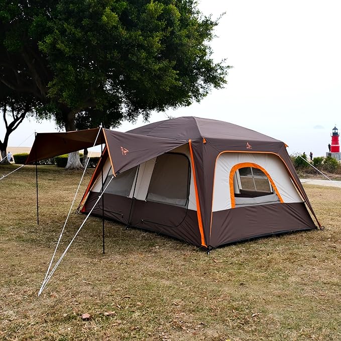 KTT Large Tent 6-8-10-12 Person,Family Cabin Tents,2 Rooms,2 Doors and 4 Windows with Mesh,Straight Wall,Waterproof,Double Layer,Big Tents for Outdoor,Picnic,Camping,Family Gathering