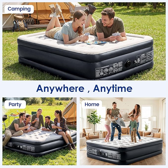 Camping Air Mattress Queen with Built in Pump 18" Thickness 660lbs Heavy Duty Comfortable Blow up Air Mattress with Carry Bag Inflatable Foldable Flocked Top Air Bed for Travel, Home (Black & Grey)