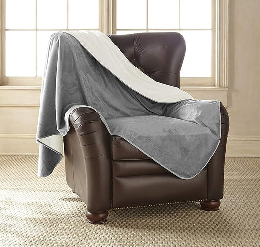 Mambe Silky Waterproof Throw for Protecting Furniture Bed Couch from Stains Caused by Dogs, Cats, Incontinence. Soft, Washable, Reversible. (Size Large 70x90 inches, Color Buff/Dove)