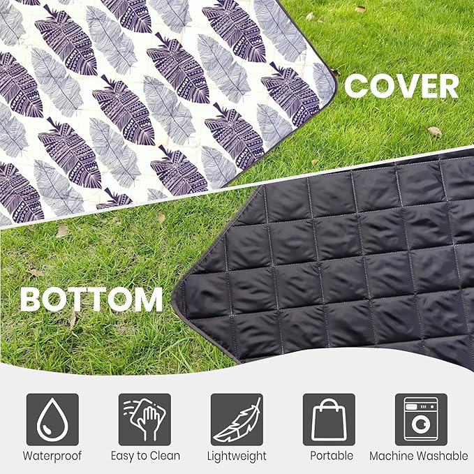 Waterproof Outdoor Blanket, 79" x 55" Large Packable Picnic Blankets, Foldable Picnic Mat for Park, Lawn, Grass, Beach, Concert (Ethnic Feather)
