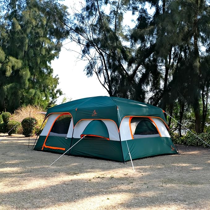 KTT Extra Large Tent 12 Person,Family Cabin Tents,Full Rainfly,2 Bay-Windows,2 Rooms and 3 Doors 3 Windows with Mesh,Waterproof,Straight Wall,Double Layer,Big Tent for Outdoor,Picnic,Camping