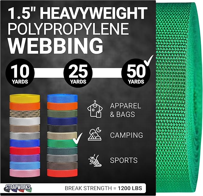 Strapworks Heavyweight Polypropylene Webbing - Heavy Duty Poly Strapping for Outdoor DIY Gear Repair, 1.5 Inches