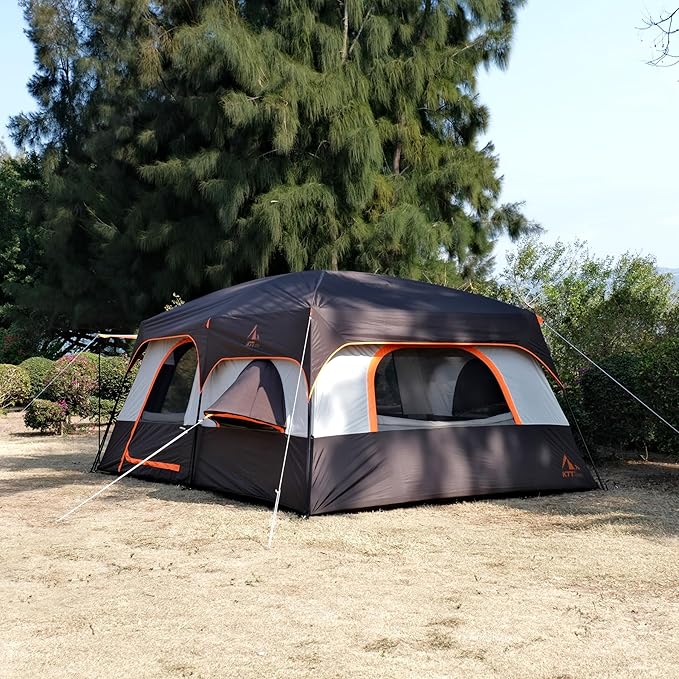 KTT Extra Large Tent 12 Person,Family Cabin Tents,Full Rainfly,2 Bay-Windows,2 Rooms and 3 Doors 3 Windows with Mesh,Waterproof,Straight Wall,Double Layer,Big Tent for Outdoor,Picnic,Camping