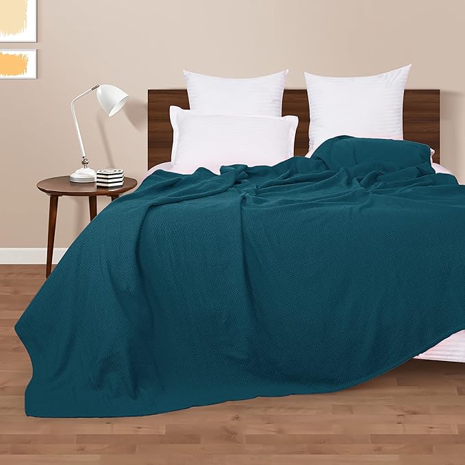 BOUTIQUO 100% Cotton Bed Blanket, Breathable Thermal Twin Size, Soft Honeycomb Waffle Blanket 60"x90", Perfect for Layering Any Bed for All Season, Teal