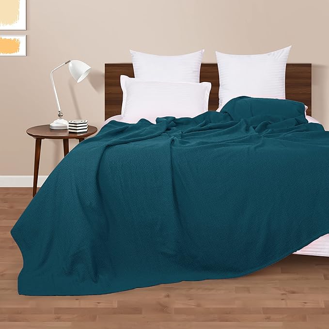 BOUTIQUO 100% Cotton Bed Blanket, Breathable Thermal Blanket King Size, Soft Honeycomb Waffle Blanket 90"x102", Cotton Bed Blanket, Perfect for Layering Any Bed for All Season, Teal