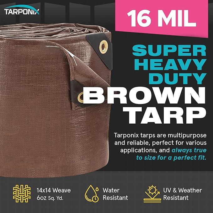 Super Heavy-Duty Brown Tarp 20' x 30' – 16 Mil Thick, All-Weather Waterproof Cover with Reinforced Edges and Sturdy Grommets