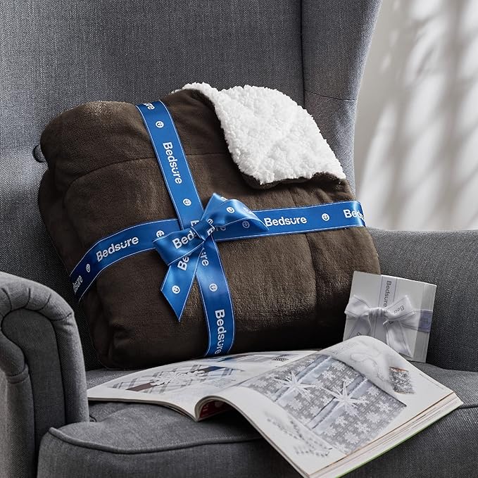 Bedsure Sherpa Fleece Blankets Queen Size for Bed - Thick and Warm, Soft Fuzzy Plush Queen Blanket for Winter, Brown, 90x90 Inches