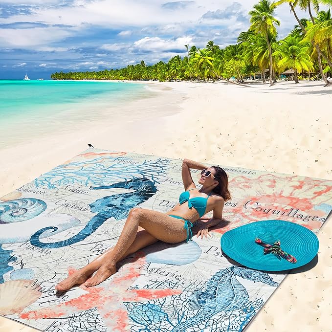 Beach Blanket, Sandproof Beach Mat, Waterproof Quick Drying Lightweight Outdoor Aztec Picnic Mat 79" X 83"/120"x108" for 2-8 Adults for Travel, Camping, Hiking