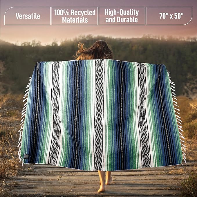 Authentic Large Handwoven Mexican Blanket - Soft Yoga- Durable Serape- Lightweight Falsa, Beach, Camping, Picnic, Outdoor Blanket 70"x50" - Arctic