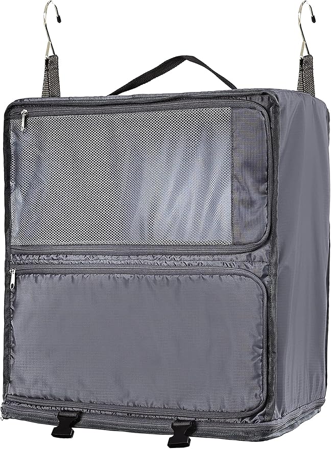 ELEZAY Hanging Packing Cubes Portable Closet 3-Shelf Travel Collapsible Compression Garment Organizer for Carry-on Luggage Suitcase Space Saver Bag X-Large_No Side Pockets, Lightgrey