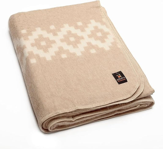 Thick Alpaca Wool Blanket Heavyweight Camping Outdoors Indoors Soft Peruvian Alpaca Wool Blankets That Come in Twin Queen King Size Ethnic Design (Beige - Ivory Stripes, King)