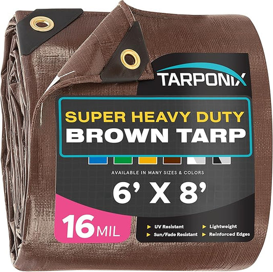 Super Heavy-Duty Brown Tarp 6' x 8' – 16 Mil Thick, All-Weather Waterproof Cover with Reinforced Edges and Sturdy Grommets