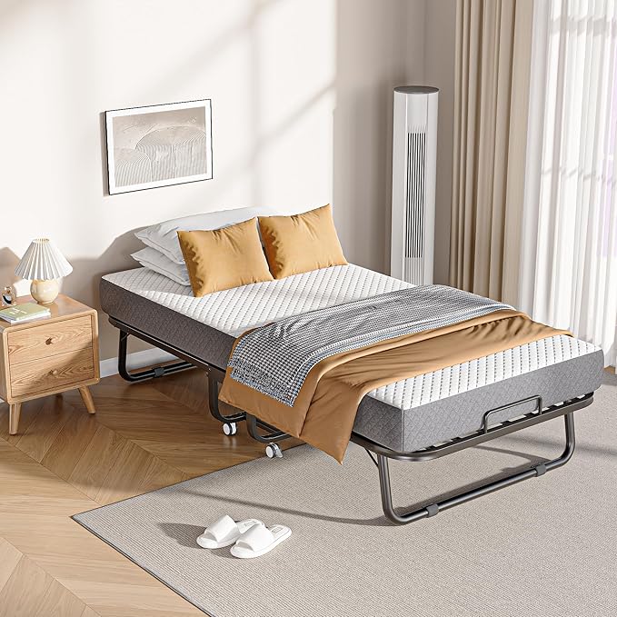 Folding Bed with Memory Foam Mattress, 75" x 31" Cot Size Portable Foldable Bed with Movable Wheels, Space-Saving Sturdy Metal Frame, Twin Rollaway Bed for Adults for Guest Room, Apartment, Camping