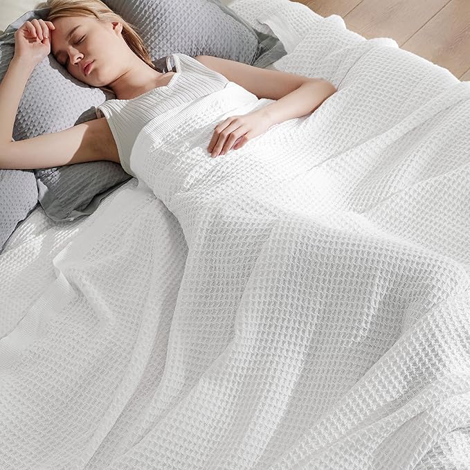 Bedsure Gentlesoft 100% Cotton Large Blanket Oversized King for Bed - Breathable Thick Waffle Weave Blanket for Summer, Couch Cover, White, 120x94 inches