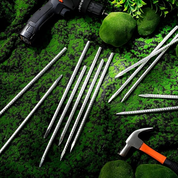 Gisafai 24 Pcs 12 Inch Ground Rebar Stakes Heavy Duty Ground Anchors Steel Plant Support Garden Stake Long Straight Metal Spikes with Chisel Point End for Concrete Timber Garden Plant Tent