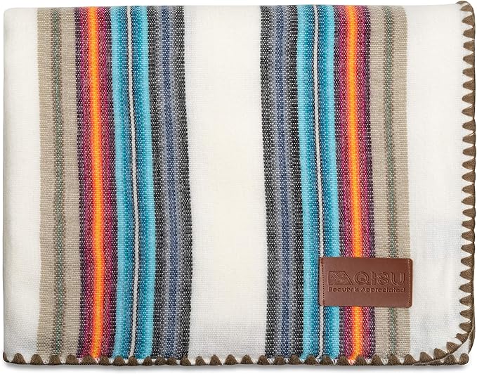 QISU Alpaca Wool Blanket Throw | Large, Beautiful, Warm, Variegated | 85 x 65 inches | Ultra-Soft, Hypoallergenic and Breathable | Non-Itchy or Scratchy Fabric (White Blue Variegated)