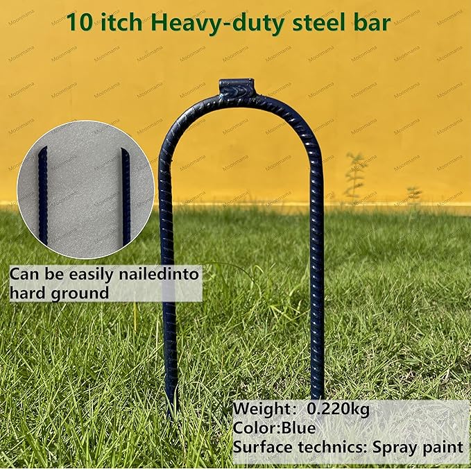 Moonmama Ground Stakes Steel Rebar Stakes Tents Nails Heavy Duty Garden Stake Ground Anchor Pegs U Shaped Metal Fences Stake for Trampolines Camping Canopies Sheds Swing Sets, 10inch 10ge