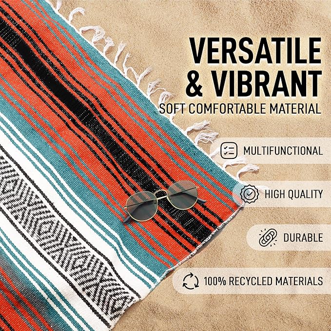 Authentic Large Handwoven Mexican Blanket - Soft Yoga - Durable Serape - Lightweight Falsa, Beach, Camping, Picnic, Outdoor 70"x50" - Mandarin