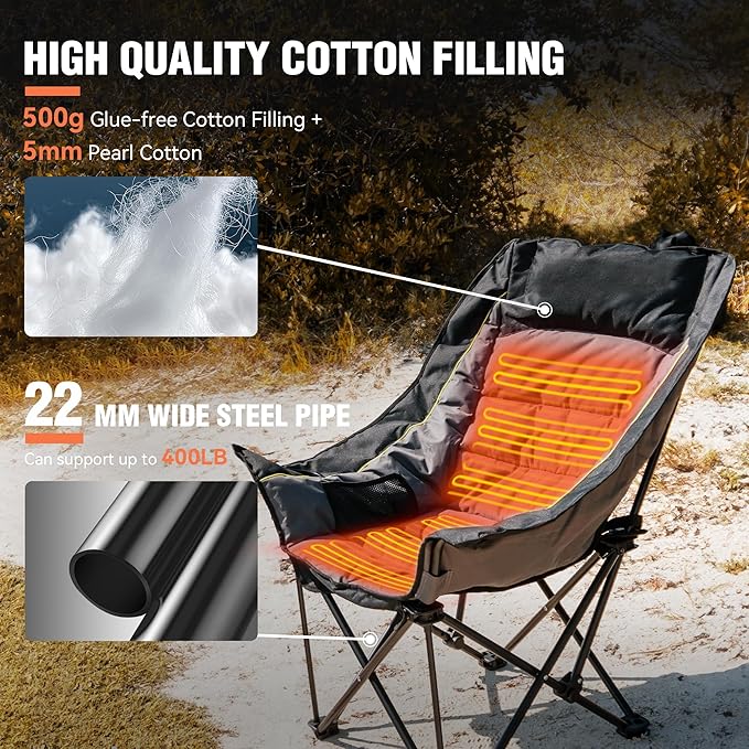 Dowinx Heated Camping Chair for Adults - Oversized Extra Large Folding Chair with Adjustable Padded Seat, Cup Holder, 400 lbs Capacity, Black