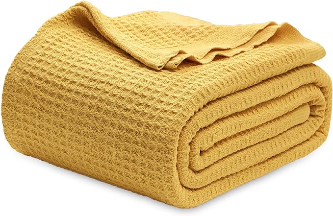 Bedsure Gentlesoft 100% Cotton Blanket Queen Size for Bed - Breathable and Soft, Waffle Weave Blanket for Summer, Thick Cozy Fall Blankets for Women Gift, Mustard Yellow, 90x90 Inches